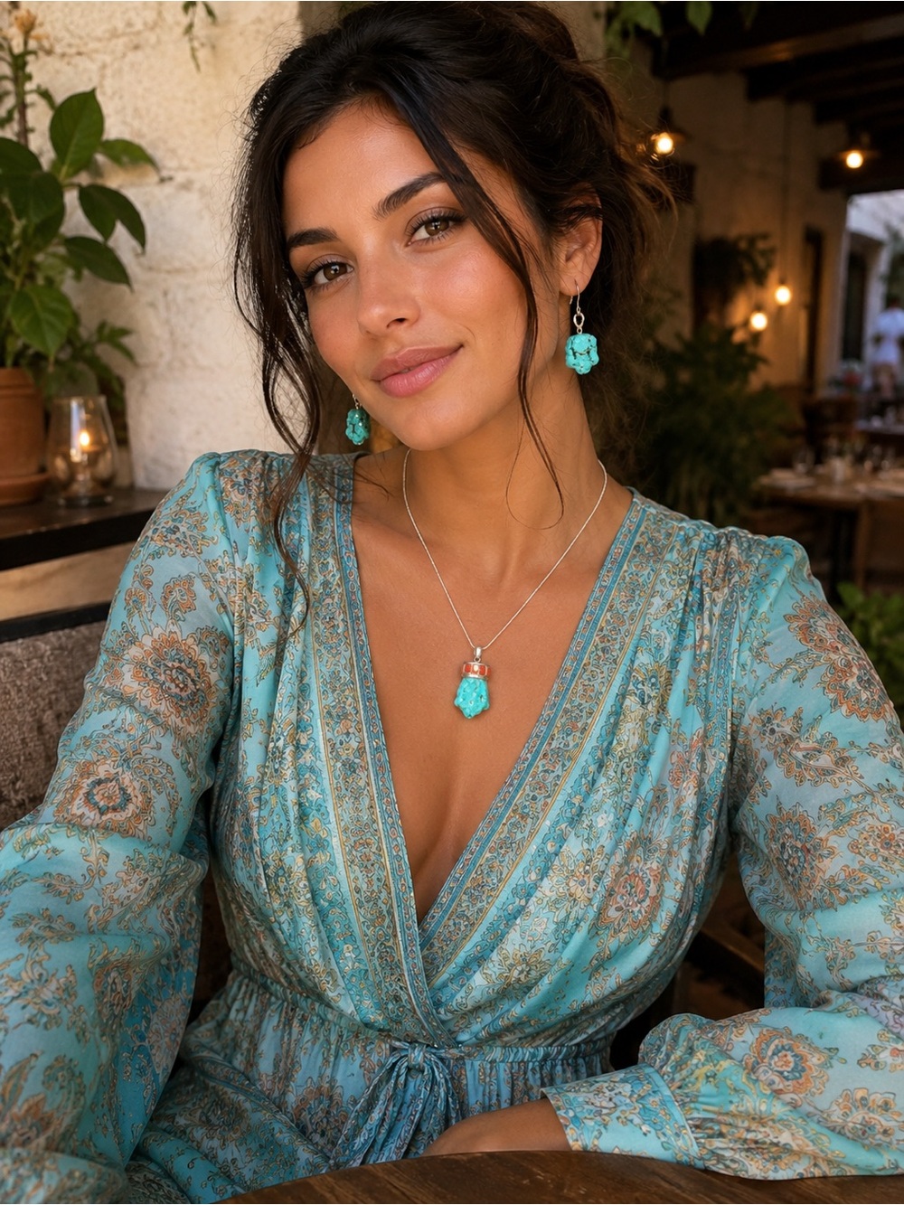 Necklace and earrings set with turquoise rock